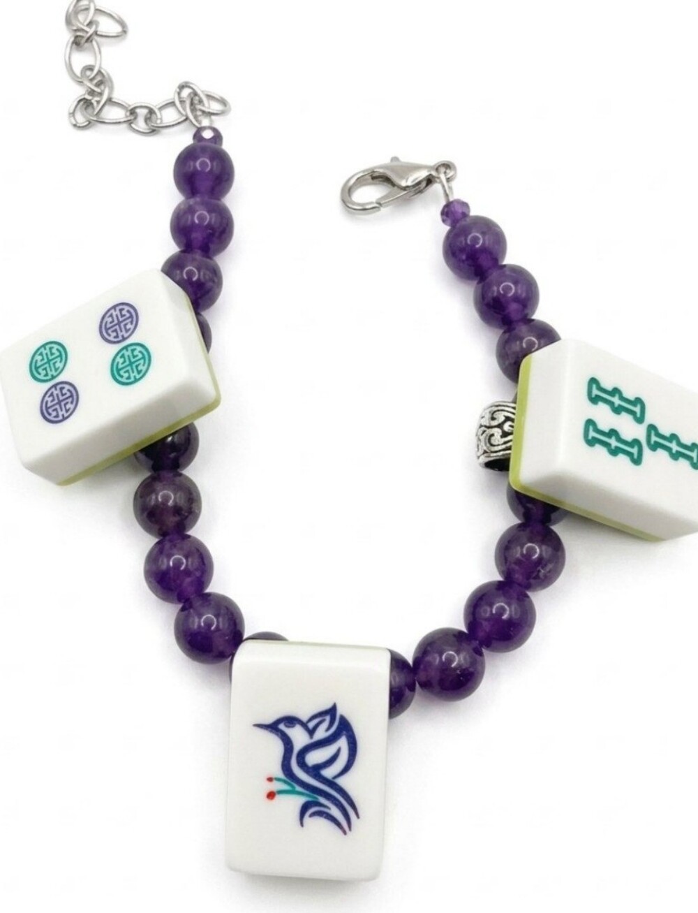 Designer Mahjong Tile Dangle Charm royalty blue Beaded 6 to 9"bracelet Bracelet